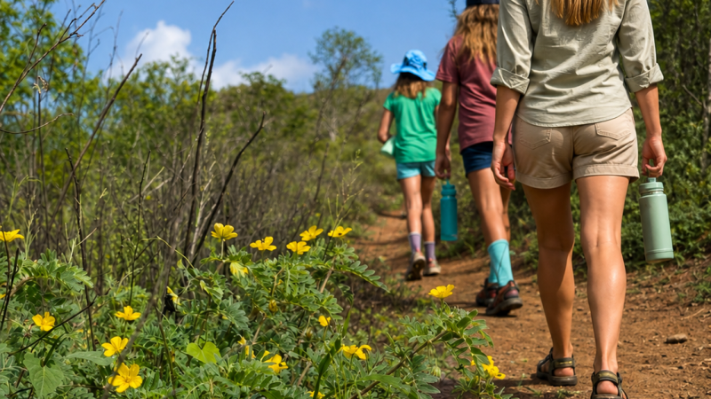 Travelers hiking through a landscape with colorful wildflowers in the Galápagos Islands