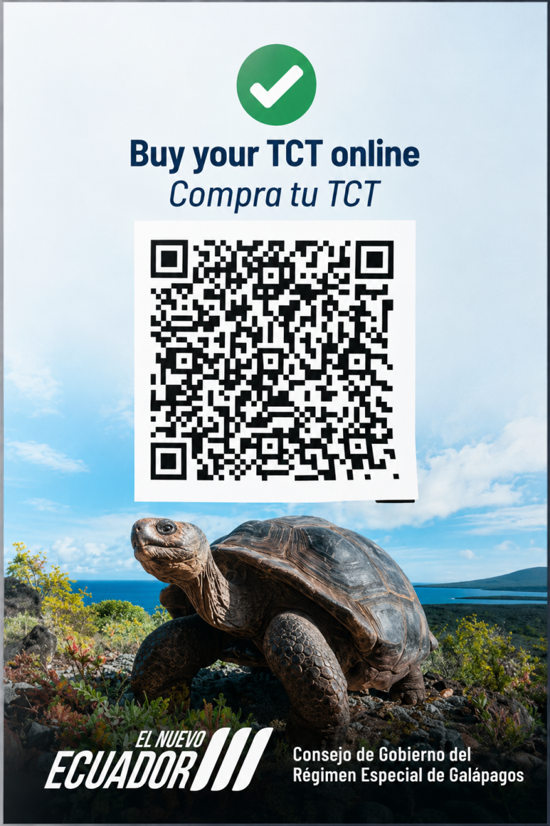 Sign with QR code to buy the Galápagos Tourist Control Transit Card (TCT) online in Ecuador.