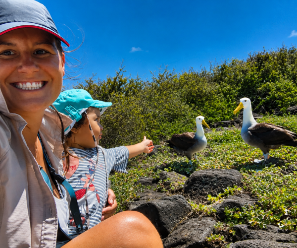 Family observing waved albatrosses on Española Island in the Galápagos