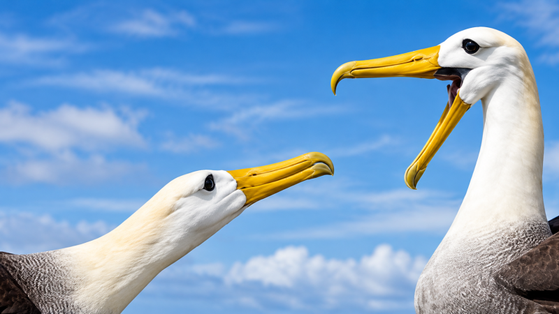 Two waved albatrosses facing each other in the Galápagos Islands