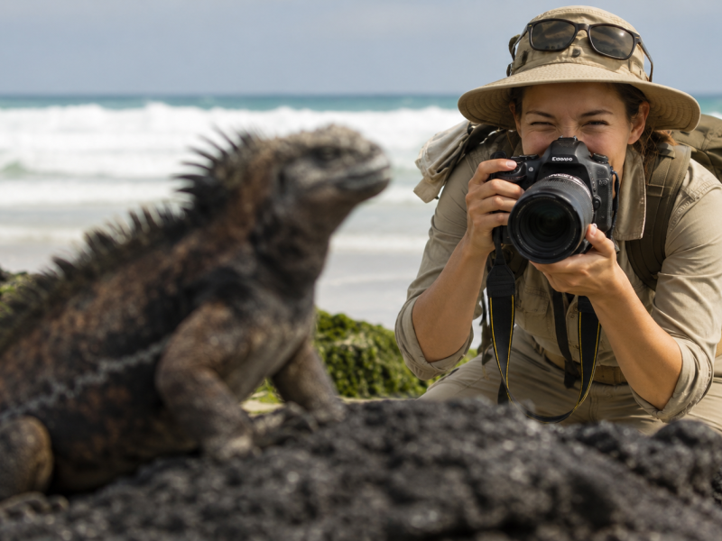 Woman photographing a Galápagos land iguana in its natural habitat