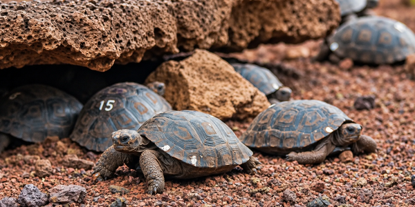 Young Galápagos giant tortoises at a tortoise breeding and conservation center in the Galápagos Islands