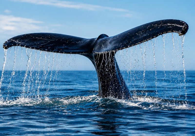 Whale tail rising from the blue ocean with water streaming from its flukes